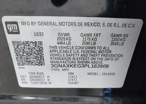 2023 Chevrolet Equinox Fwd Lt z USA, uszkodzony, nr VIN 3GNAXKEG3PL163909
